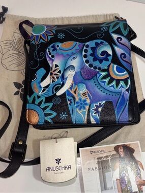 Anuschka Black Crossbody with Blue Teal Purple Elephant Motif